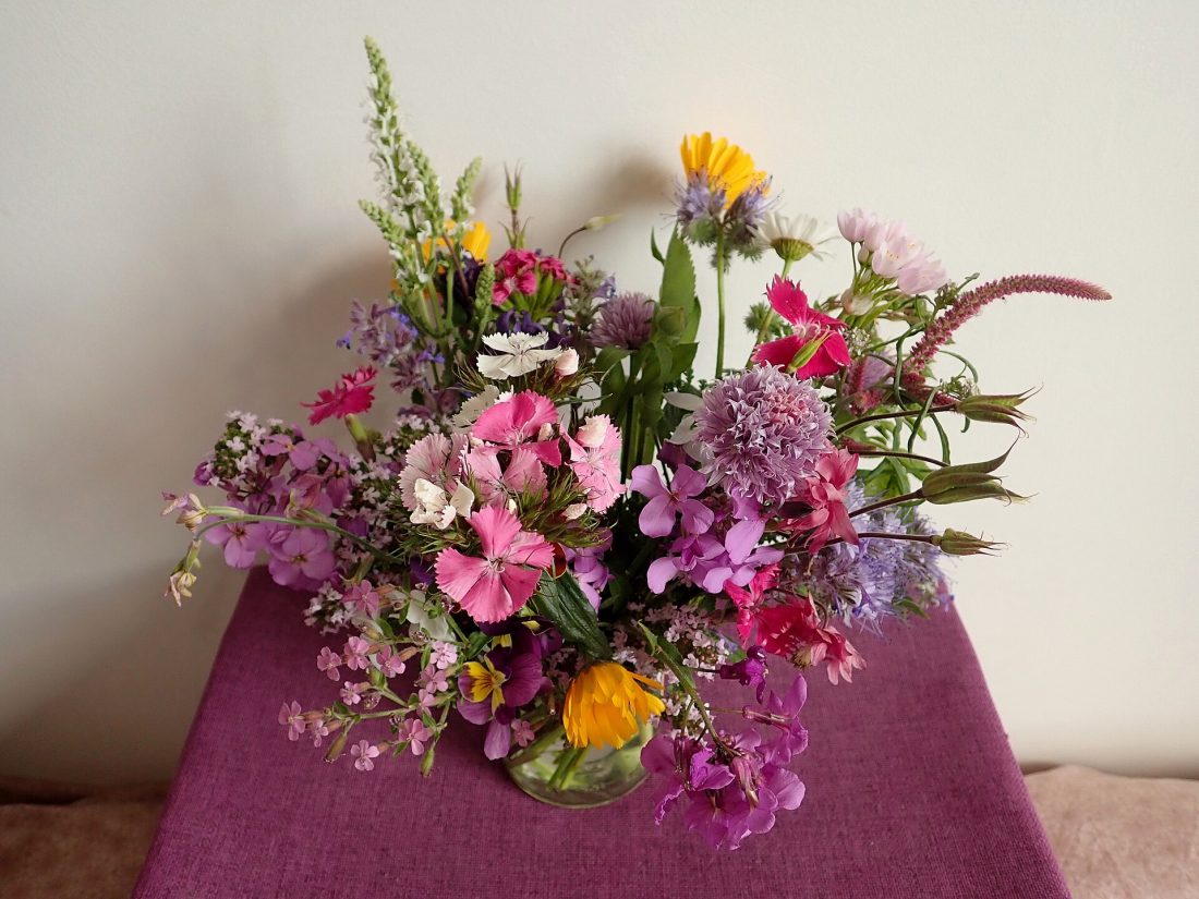 A colorful bouquet of garden flowers in full bloom